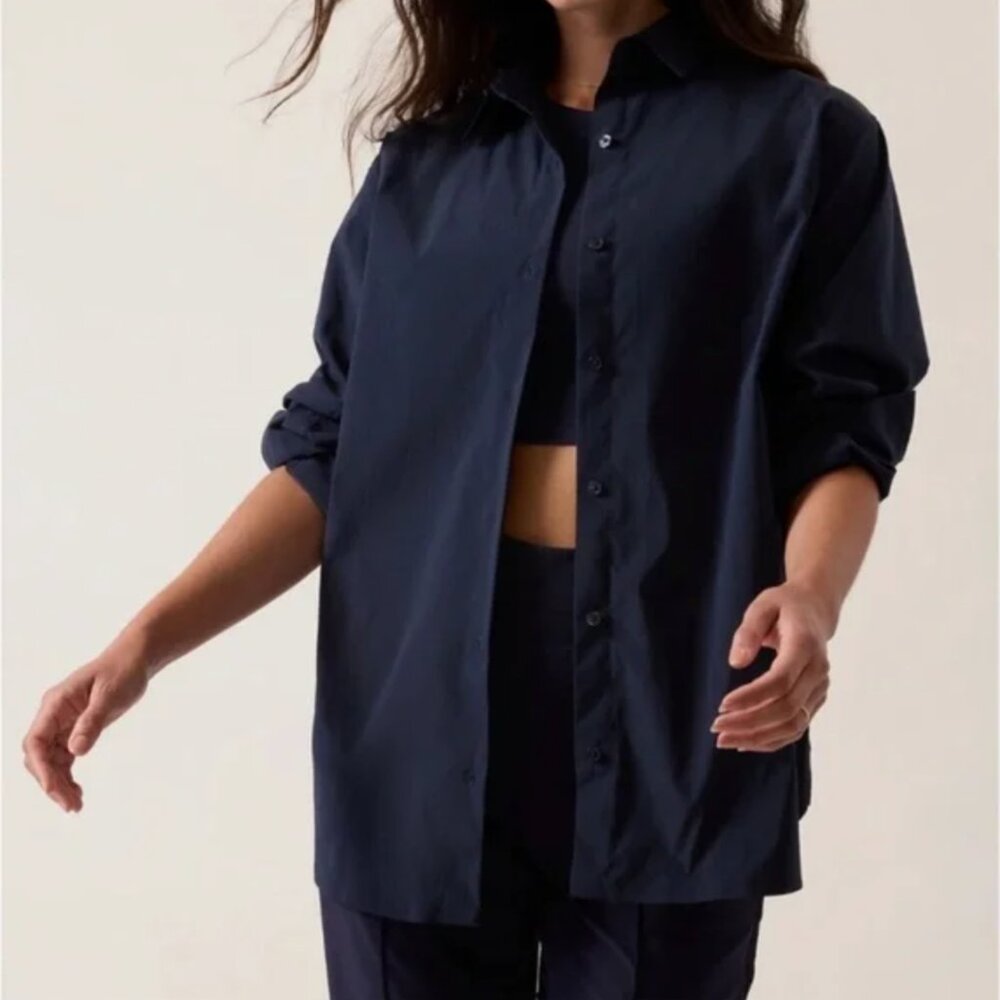 Athleta Navy Blue Midday Relaxed Oversized Poplin Shirt Size XS NWT